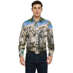 White Tiger Peacock Animal Fantasy Water Summer Men s Long Sleeve Pocket Shirt 