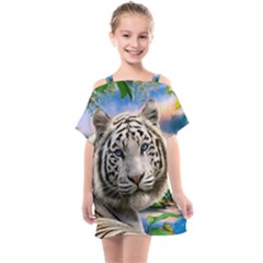 White Tiger Peacock Animal Fantasy Water Summer Kids  One Piece Chiffon Dress by Cemarart