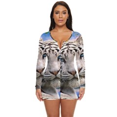 White Tiger Peacock Animal Fantasy Water Summer Long Sleeve Boyleg Swimsuit by Cemarart