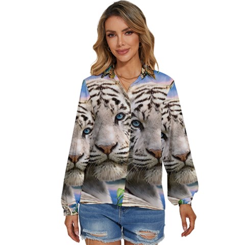 White Tiger Peacock Animal Fantasy Water Summer Women s Long Sleeve Button Up Shirt by Cemarart