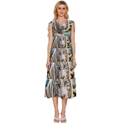 White Tiger Peacock Animal Fantasy Water Summer V-neck Drawstring Shoulder Sleeveless Maxi Dress by Cemarart