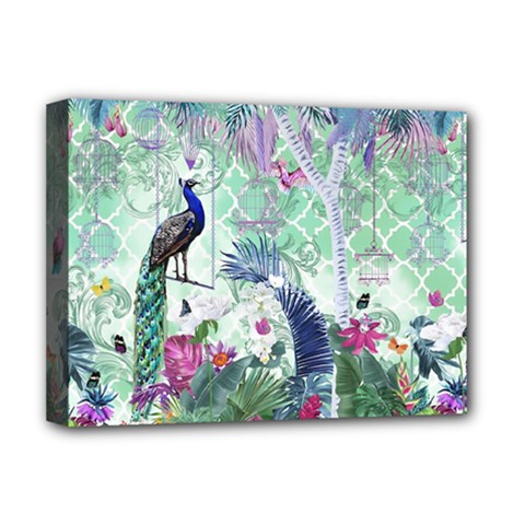 Peacock Parrot Bird Pattern Exotic Summer Green Flower Jungle Paradise Deluxe Canvas 16  X 12  (stretched)  by Cemarart