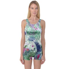 Peacock Parrot Bird Pattern Exotic Summer Green Flower Jungle Paradise One Piece Boyleg Swimsuit by Cemarart