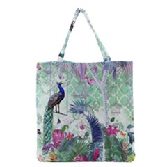 Peacock Parrot Bird Pattern Exotic Summer Green Flower Jungle Paradise Grocery Tote Bag by Cemarart