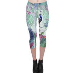 Peacock Parrot Bird Pattern Exotic Summer Green Flower Jungle Paradise Capri Leggings  by Cemarart