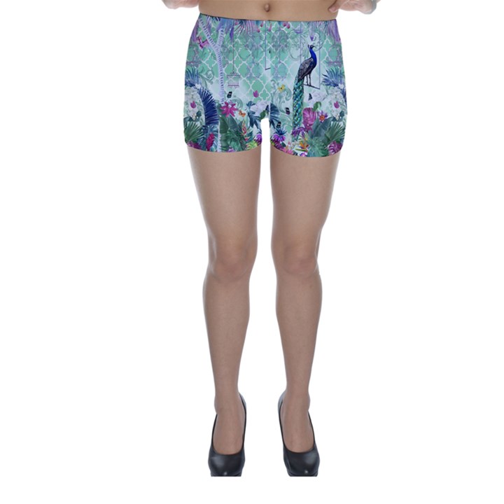 Peacock Parrot Bird Pattern Exotic Summer Green Flower Jungle Paradise Skinny Shorts