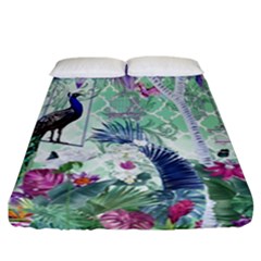 Peacock Parrot Bird Pattern Exotic Summer Green Flower Jungle Paradise Fitted Sheet (california King Size) by Cemarart