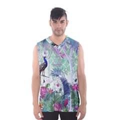 Peacock Parrot Bird Pattern Exotic Summer Green Flower Jungle Paradise Men s Basketball Tank Top by Cemarart