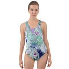 Peacock Parrot Bird Pattern Exotic Summer Green Flower Jungle Paradise Cut-out Back One Piece Swimsuit by Cemarart