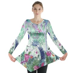 Peacock Parrot Bird Pattern Exotic Summer Green Flower Jungle Paradise Long Sleeve Tunic  by Cemarart