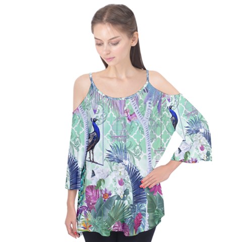 Peacock Parrot Bird Pattern Exotic Summer Green Flower Jungle Paradise Flutter Sleeve T-shirt  by Cemarart