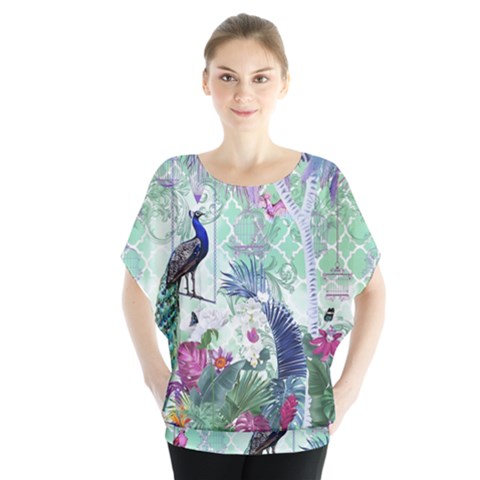 Peacock Parrot Bird Pattern Exotic Summer Green Flower Jungle Paradise Batwing Chiffon Blouse by Cemarart