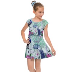 Peacock Parrot Bird Pattern Exotic Summer Green Flower Jungle Paradise Kids  Cap Sleeve Dress by Cemarart