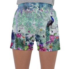 Peacock Parrot Bird Pattern Exotic Summer Green Flower Jungle Paradise Sleepwear Shorts by Cemarart