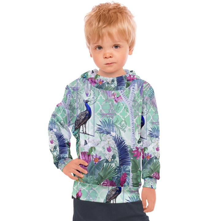 Peacock Parrot Bird Pattern Exotic Summer Green Flower Jungle Paradise Kids  Hooded Pullover