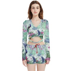 Peacock Parrot Bird Pattern Exotic Summer Green Flower Jungle Paradise Velvet Wrap Crop Top And Shorts Set by Cemarart