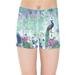 Peacock Parrot Bird Pattern Exotic Summer Green Flower Jungle Paradise Kids  Sports Shorts by Cemarart