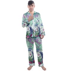 Peacock Parrot Bird Pattern Exotic Summer Green Flower Jungle Paradise Men s Long Sleeve Satin Pajamas Set by Cemarart