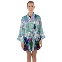 Peacock Parrot Bird Pattern Exotic Summer Green Flower Jungle Paradise Long Sleeve Satin Kimono by Cemarart