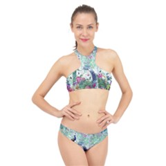 Peacock Parrot Bird Pattern Exotic Summer Green Flower Jungle Paradise High Neck Bikini Set by Cemarart