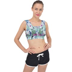 Peacock Parrot Bird Pattern Exotic Summer Green Flower Jungle Paradise V-back Sports Bra by Cemarart