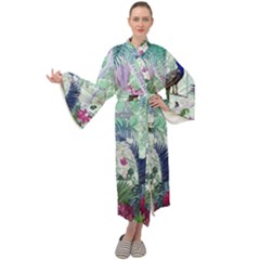 Peacock Parrot Bird Pattern Exotic Summer Green Flower Jungle Paradise Maxi Velvet Kimono by Cemarart