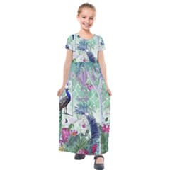 Peacock Parrot Bird Pattern Exotic Summer Green Flower Jungle Paradise Kids  Short Sleeve Maxi Dress by Cemarart