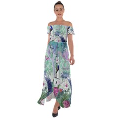 Peacock Parrot Bird Pattern Exotic Summer Green Flower Jungle Paradise Off Shoulder Open Front Chiffon Dress by Cemarart