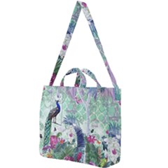 Peacock Parrot Bird Pattern Exotic Summer Green Flower Jungle Paradise Square Shoulder Tote Bag by Cemarart