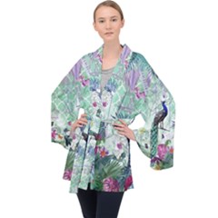 Peacock Parrot Bird Pattern Exotic Summer Green Flower Jungle Paradise Long Sleeve Velvet Kimono  by Cemarart