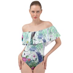 Peacock Parrot Bird Pattern Exotic Summer Green Flower Jungle Paradise Off Shoulder Velour Bodysuit  by Cemarart