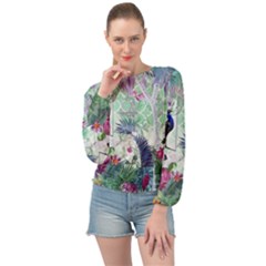 Peacock Parrot Bird Pattern Exotic Summer Green Flower Jungle Paradise Banded Bottom Chiffon Top by Cemarart