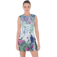 Peacock Parrot Bird Pattern Exotic Summer Green Flower Jungle Paradise Lace Up Front Bodycon Dress by Cemarart