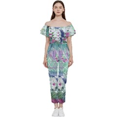 Peacock Parrot Bird Pattern Exotic Summer Green Flower Jungle Paradise Bardot Ruffle Jumpsuit by Cemarart