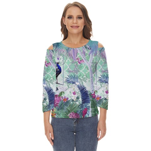 Peacock Parrot Bird Pattern Exotic Summer Green Flower Jungle Paradise Cut Out Wide Sleeve Top by Cemarart