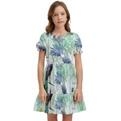 Peacock Parrot Bird Pattern Exotic Summer Green Flower Jungle Paradise Kids  Puff Sleeved Dress by Cemarart