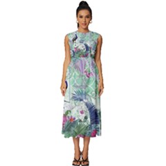 Peacock Parrot Bird Pattern Exotic Summer Green Flower Jungle Paradise Sleeveless Round Neck Midi Dress by Cemarart