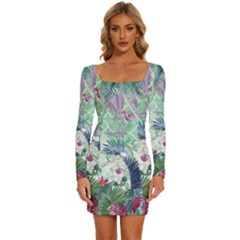 Peacock Parrot Bird Pattern Exotic Summer Green Flower Jungle Paradise Long Sleeve Square Neck Bodycon Velvet Dress by Cemarart