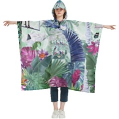 Peacock Parrot Bird Pattern Exotic Summer Green Flower Jungle Paradise Women s Hooded Rain Ponchos by Cemarart