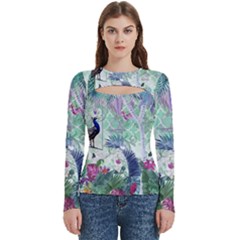 Peacock Parrot Bird Pattern Exotic Summer Green Flower Jungle Paradise Women s Cut Out Long Sleeve T-shirt by Cemarart