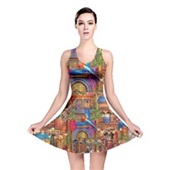 Arabian Street Art Colorful Peacock Tiger Man Parrot Horse Dancer Fantasy Reversible Skater Dress by Cemarart