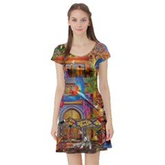 Arabian Street Art Colorful Peacock Tiger Man Parrot Horse Dancer Fantasy Short Sleeve Skater Dress by Cemarart