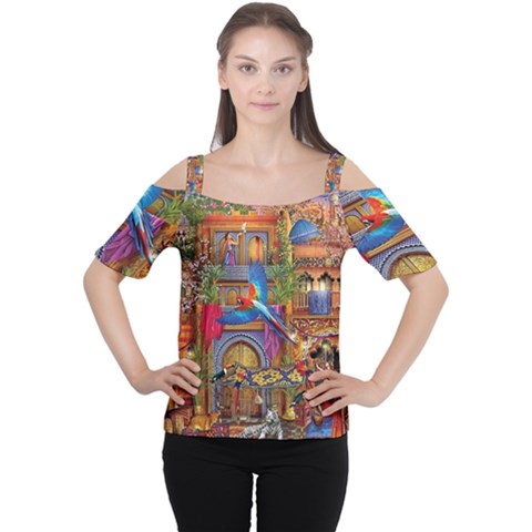 Arabian Street Art Colorful Peacock Tiger Man Parrot Horse Dancer Fantasy Cutout Shoulder T-shirt by Cemarart