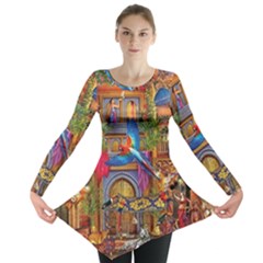 Arabian Street Art Colorful Peacock Tiger Man Parrot Horse Dancer Fantasy Long Sleeve Tunic  by Cemarart