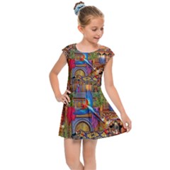 Arabian Street Art Colorful Peacock Tiger Man Parrot Horse Dancer Fantasy Kids  Cap Sleeve Dress by Cemarart