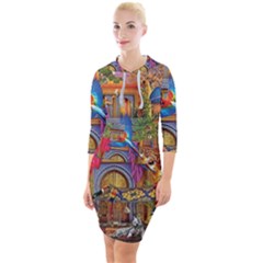 Arabian Street Art Colorful Peacock Tiger Man Parrot Horse Dancer Fantasy Quarter Sleeve Hood Bodycon Dress by Cemarart