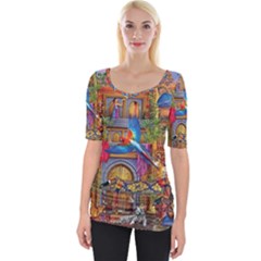 Arabian Street Art Colorful Peacock Tiger Man Parrot Horse Dancer Fantasy Wide Neckline T-shirt