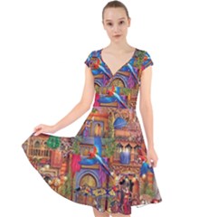 Arabian Street Art Colorful Peacock Tiger Man Parrot Horse Dancer Fantasy Cap Sleeve Front Wrap Midi Dress by Cemarart