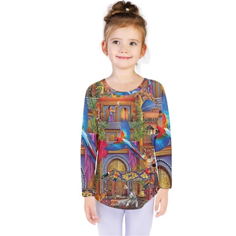 Arabian Street Art Colorful Peacock Tiger Man Parrot Horse Dancer Fantasy Kids  Long Sleeve T-shirt by Cemarart