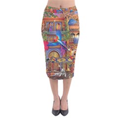 Arabian Street Art Colorful Peacock Tiger Man Parrot Horse Dancer Fantasy Velvet Midi Pencil Skirt by Cemarart